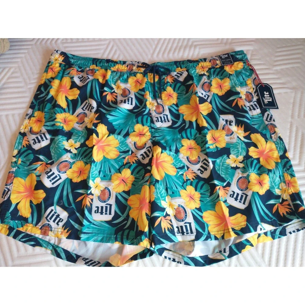 Miller Lite Swim Shorts Men's Floral‎ 4XB Trunks Beer Logo Swim Trunks Beach NWT